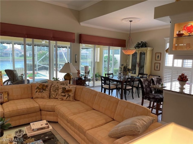 living room with ornamental molding