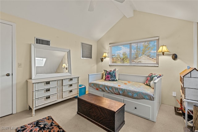 carpeted bedroom featuring lofted ceiling with beams, visible vents, and a ceiling fan