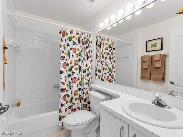 full bathroom featuring shower / bath combination with curtain, vanity, and toilet