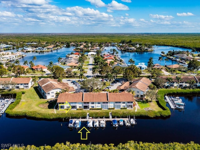 aerial view featuring a water view