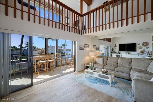 living room with a towering ceiling