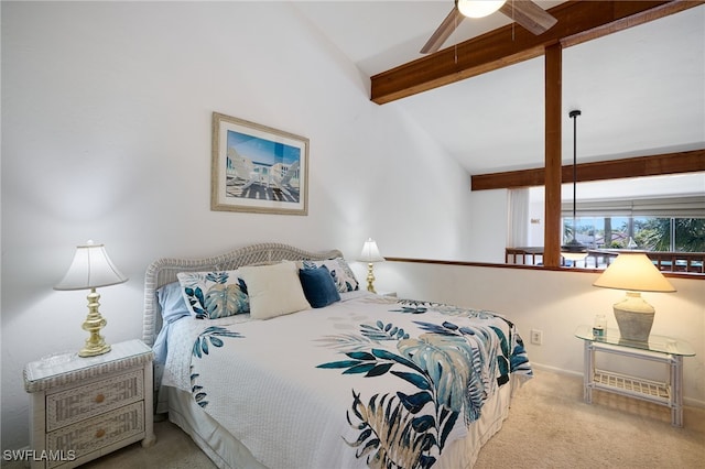 carpeted bedroom with ceiling fan and lofted ceiling with beams