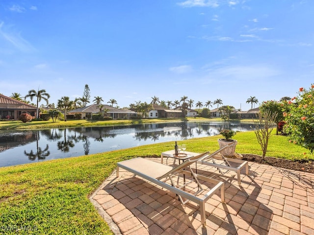 view of patio featuring a water view