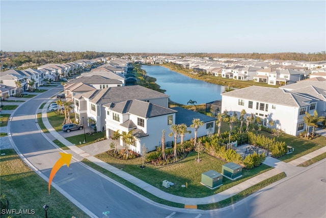 drone / aerial view featuring a water view