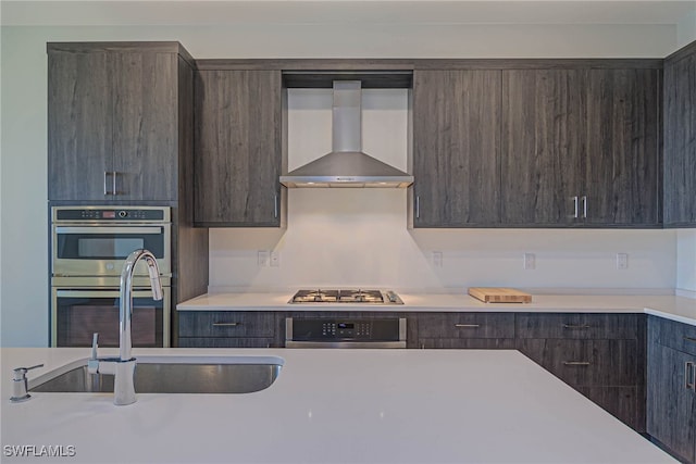 kitchen with stainless steel appliances, dark brown cabinets, sink, and wall chimney exhaust hood