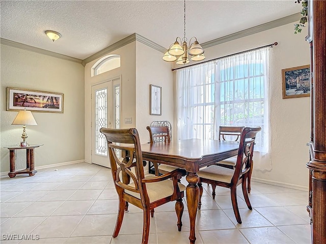 dining room with crown molding, a chandelier, a textured ceiling, and light tile patterned flooring