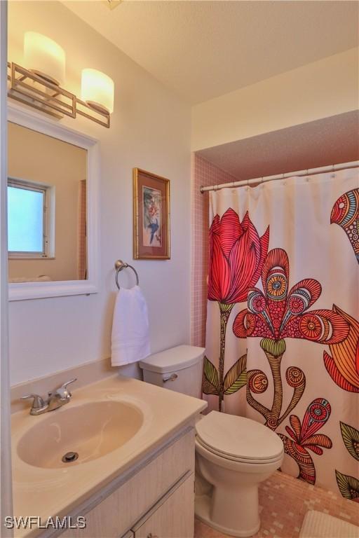 bathroom featuring vanity, toilet, and curtained shower