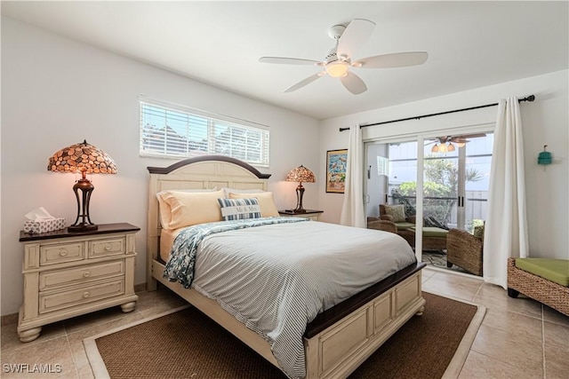 bedroom featuring light tile patterned floors, access to outside, and ceiling fan