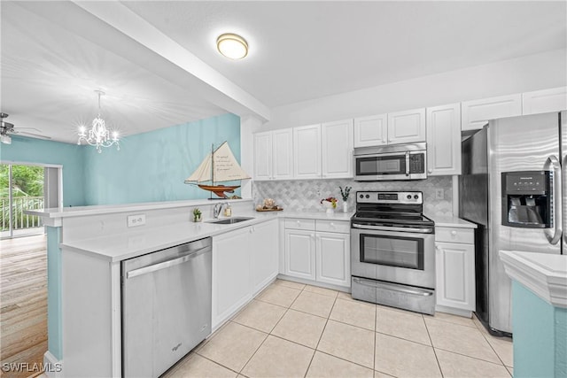 kitchen with sink, decorative light fixtures, kitchen peninsula, stainless steel appliances, and white cabinets