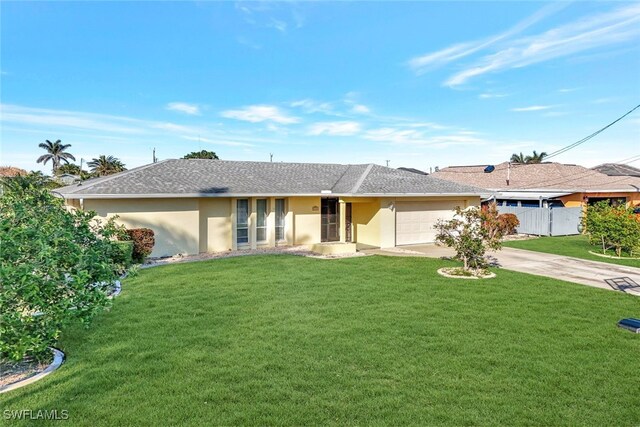 ranch-style home with a garage and a front lawn