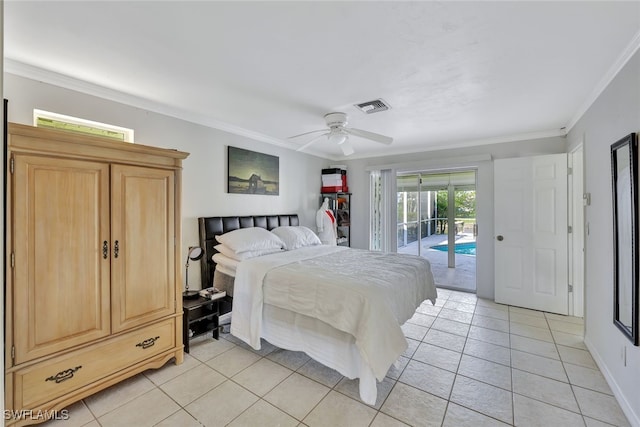 bedroom with access to exterior, ceiling fan, visible vents, and ornamental molding