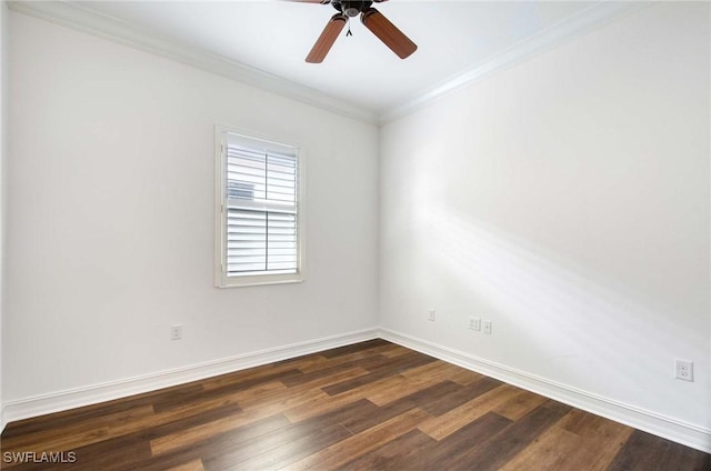 empty room with dark wood-type flooring, ceiling fan, and ornamental molding