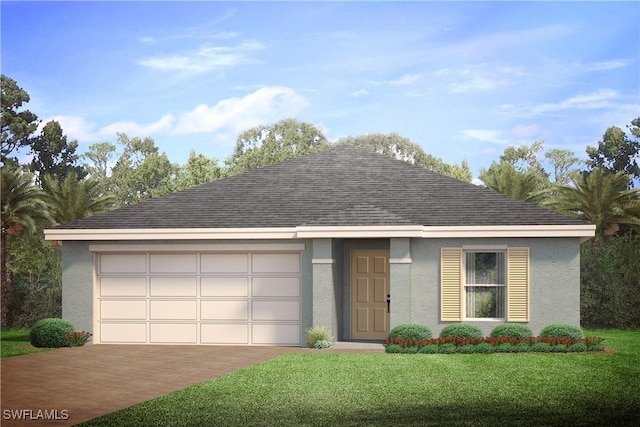 ranch-style house with a front lawn, roof with shingles, and stucco siding