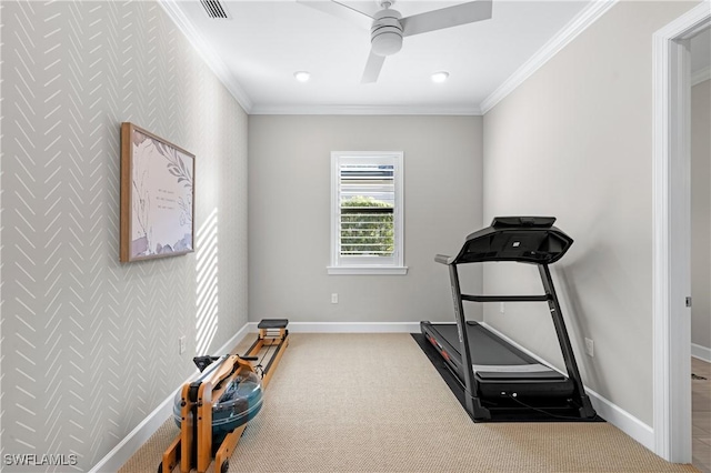 exercise room with crown molding, carpet flooring, and ceiling fan