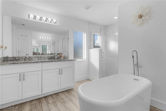 bathroom featuring vanity and independent shower and bath