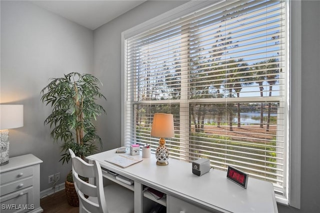 home office with dark hardwood / wood-style flooring