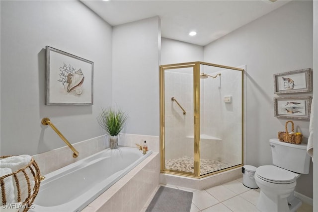 bathroom with toilet, tile patterned floors, and plus walk in shower