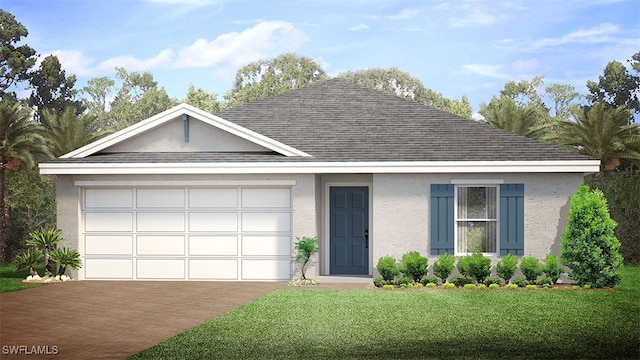 ranch-style house with driveway, stucco siding, roof with shingles, an attached garage, and a front yard