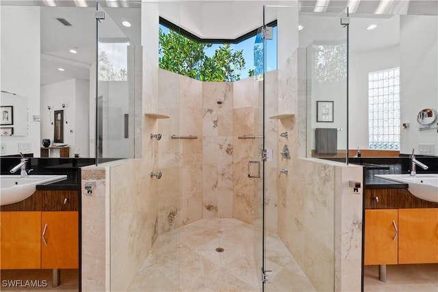 bathroom featuring vanity, a wealth of natural light, and a shower with shower door