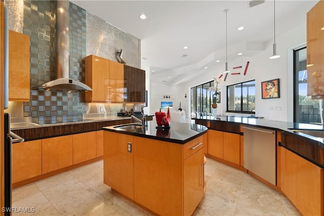 kitchen with dishwasher, an island with sink, sink, black electric cooktop, and wall chimney exhaust hood