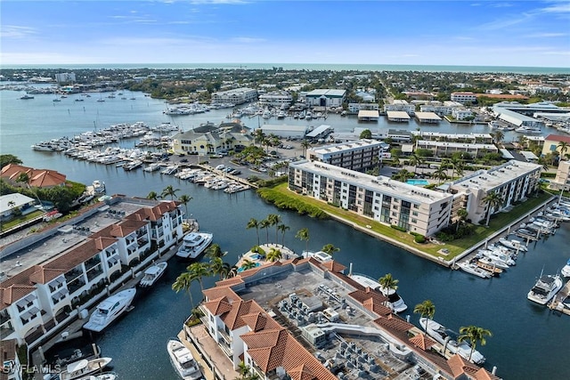 bird's eye view with a water view