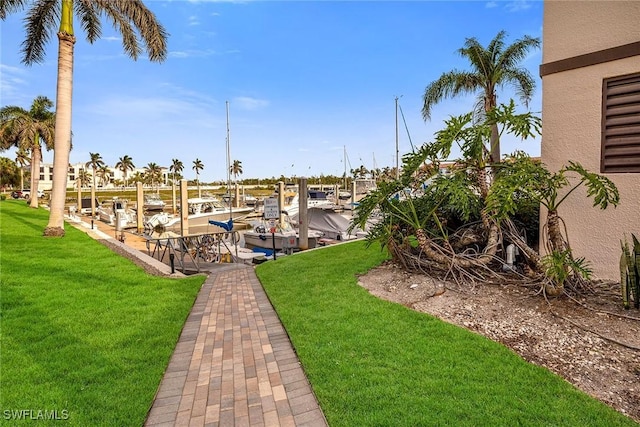 view of yard with a dock