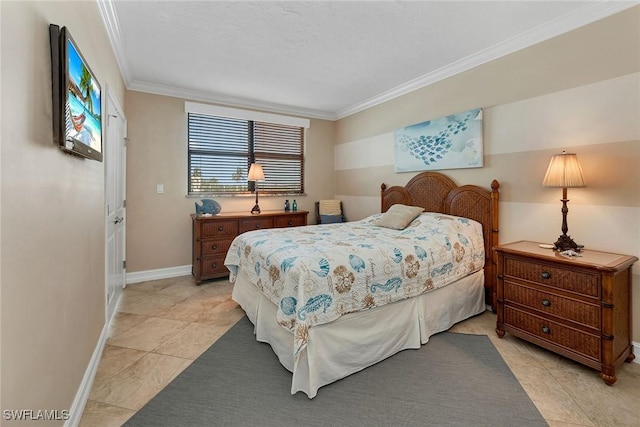 bedroom with crown molding and light tile patterned flooring