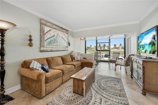 living room with light tile patterned floors and ornamental molding