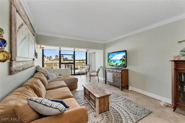 tiled living room featuring crown molding