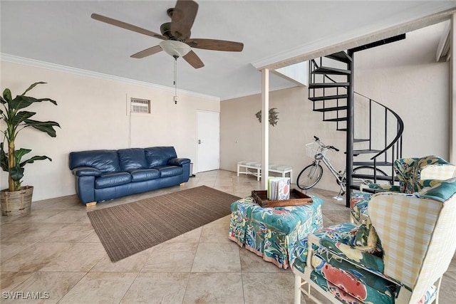 tiled living room with ornamental molding and ceiling fan