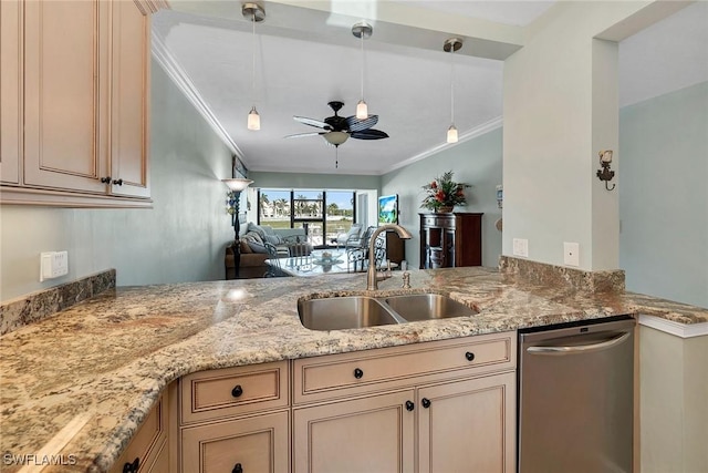 kitchen with sink, ceiling fan, dishwasher, ornamental molding, and light stone countertops