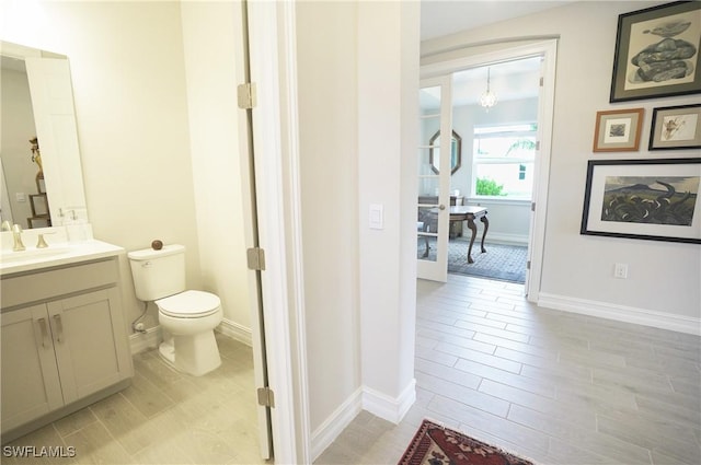 bathroom featuring vanity, toilet, and wood-type flooring