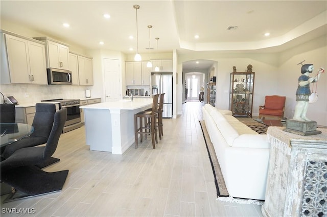 living room featuring a tray ceiling and light hardwood / wood-style floors