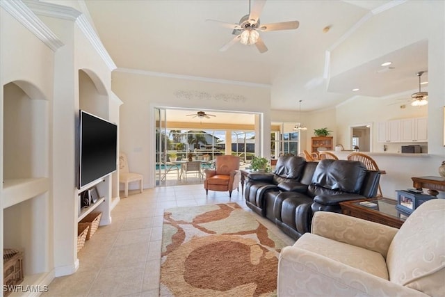 living room featuring light tile patterned floors, crown molding, built in features, and ceiling fan