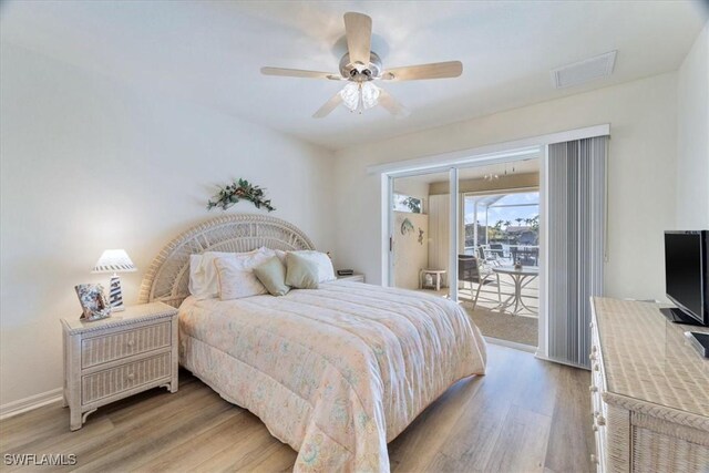 bedroom with ceiling fan, light wood-type flooring, and access to outside