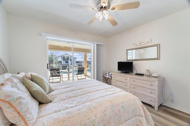 bedroom with ceiling fan, access to exterior, and light wood-type flooring