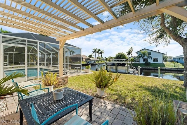 view of patio / terrace with a water view, a dock, and a pergola