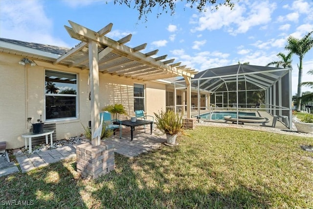 view of yard with a pergola, a lanai, and a patio area