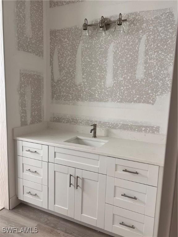 bathroom with wood finished floors and vanity