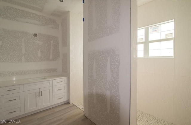 full bathroom featuring wood finished floors, vanity, and a walk in shower