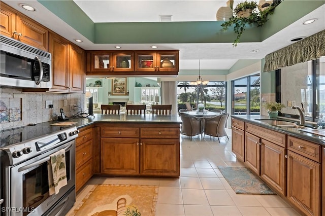 kitchen featuring appliances with stainless steel finishes, decorative light fixtures, sink, decorative backsplash, and kitchen peninsula