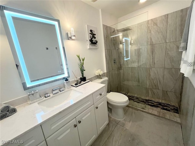 full bath featuring marble finish floor, toilet, walk in shower, and vanity