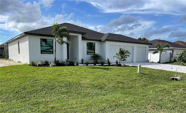 view of front of property featuring a garage and a front lawn