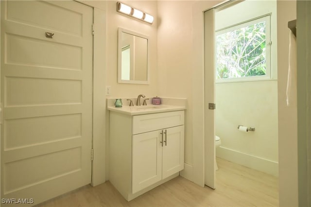 bathroom with vanity, wood-type flooring, and toilet