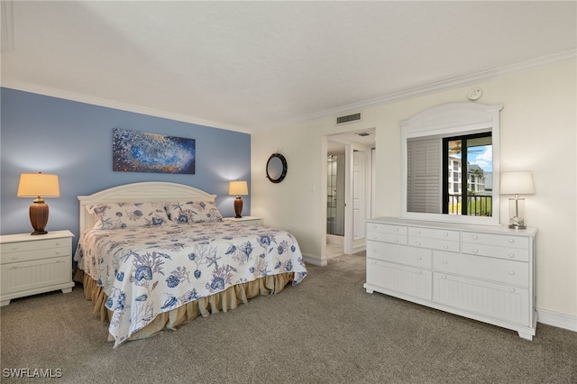 bedroom with crown molding and carpet