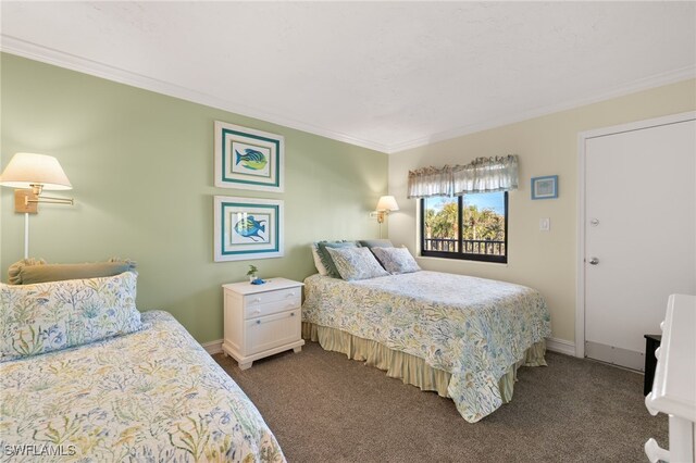 carpeted bedroom with crown molding