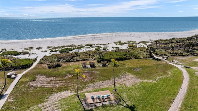 aerial view featuring a water view and a view of the beach