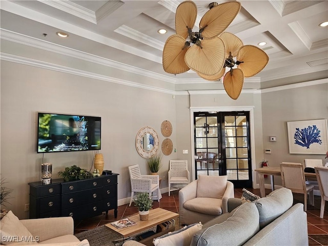 living room featuring beamed ceiling, dark tile patterned floors, coffered ceiling, crown molding, and french doors