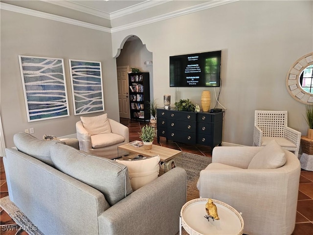 tiled living room with crown molding