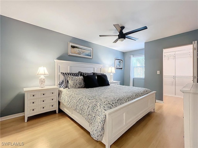 bedroom with ceiling fan and light hardwood / wood-style flooring